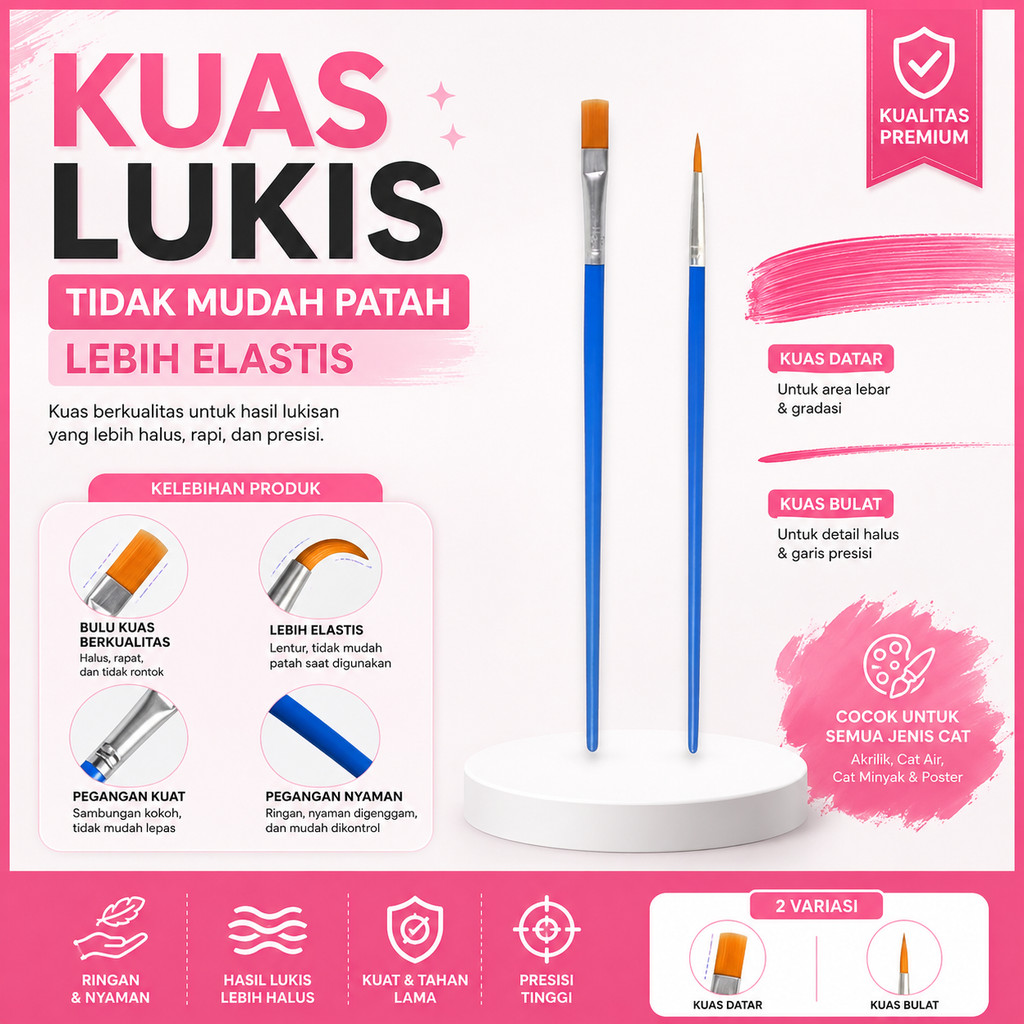 1PCS Kuas Lukis Cat Air Minyak Paint Brush Ujung Lancip Datar Kuas Mini Melukis Art Pointed Flat A014