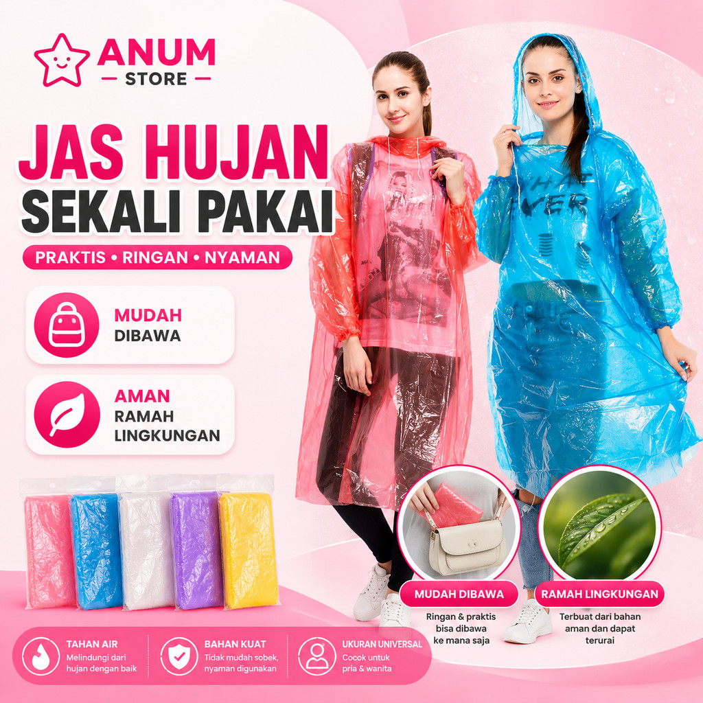 1PCS Jas Hujan Plastik Mantel Kresek Warna Transparan Rain Coat Disposable Sekali Pakai Poncho A139