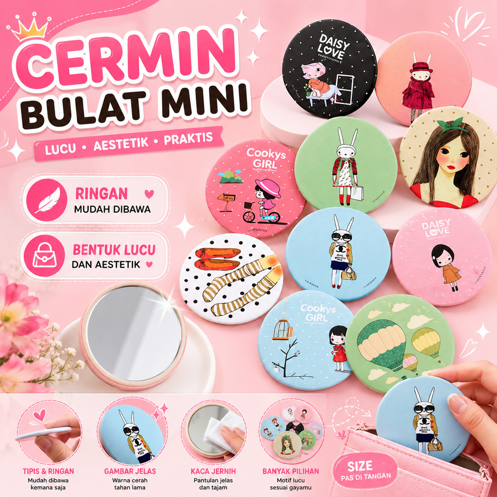 1PCS Cermin Bulat Mini Gambar Motif Karakter Lucu Kaca Portable Dandan Traveling Hand Mirror Make Up A019