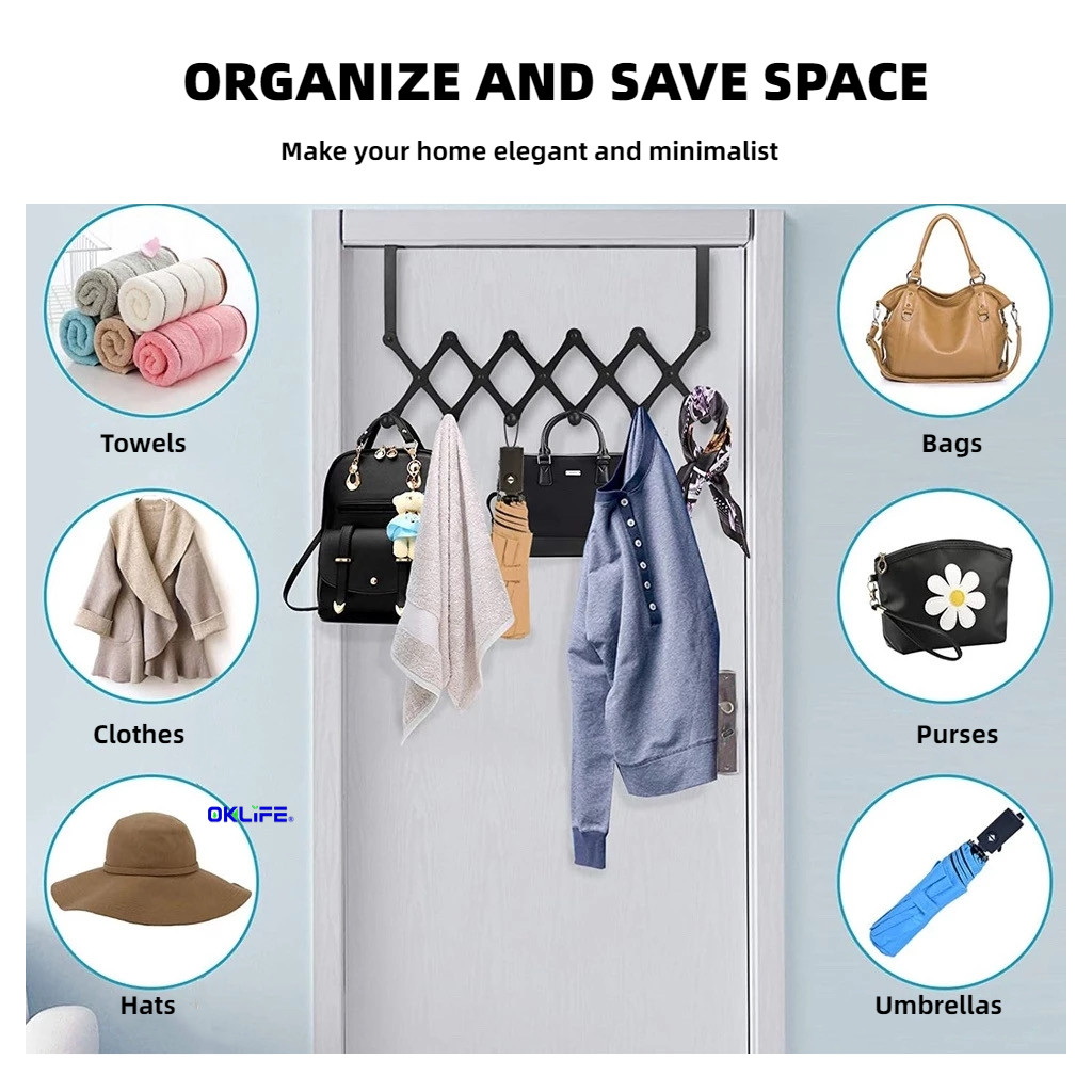Warranty Silver 6 Hooks Stainless Steel Retractable Door Back Row Hook Punch Free Anti Rust Hanging Organizer view 4