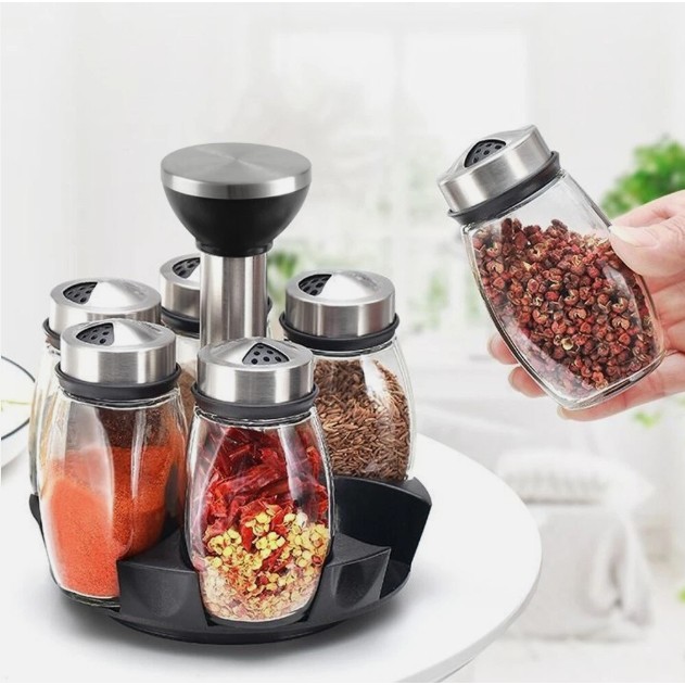 Spice Rack with 6 Glass Spice Holders Jar, 360 Rotating Spinning ...