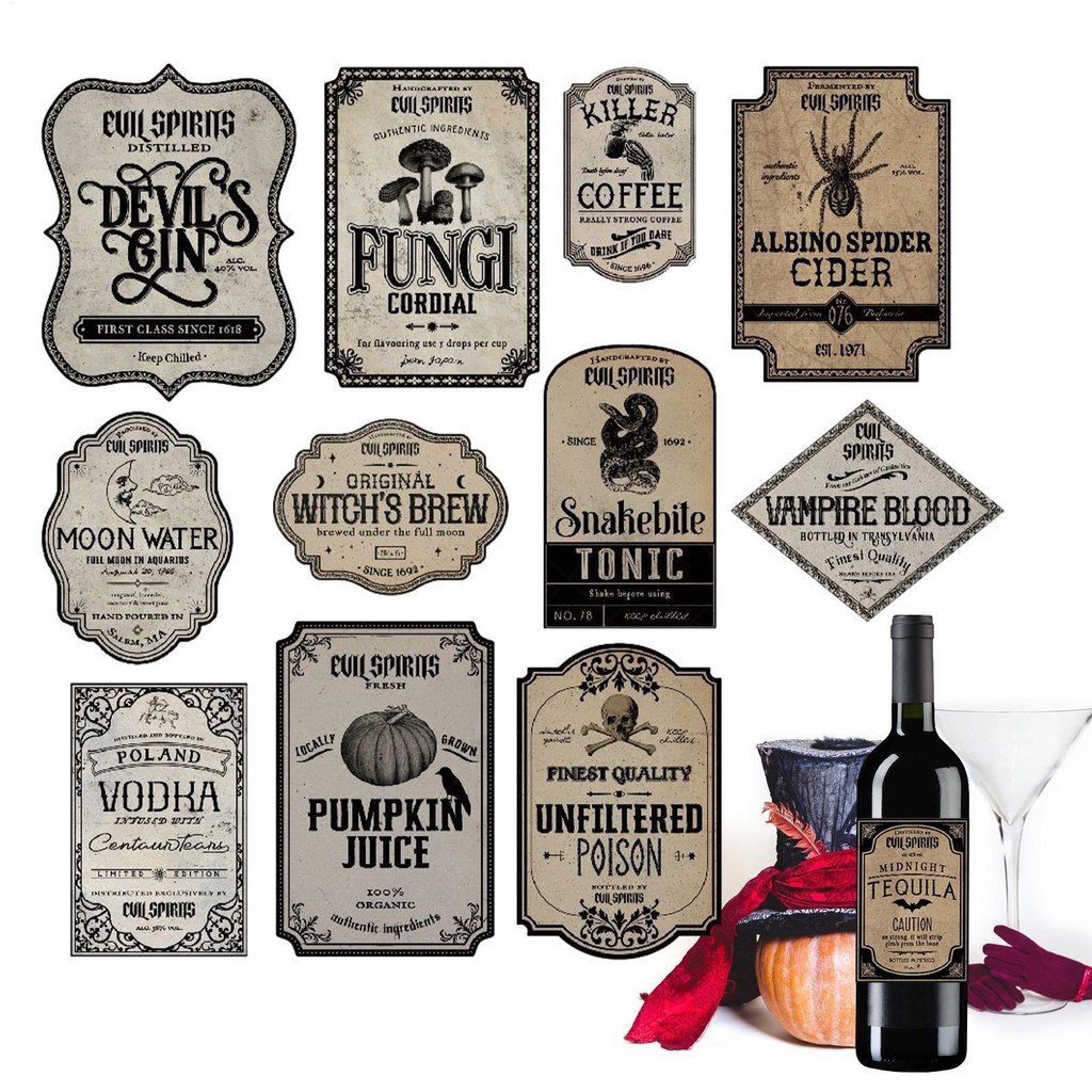 12pcs Liquor Bottle Labels Stickers Halloween Water Bottle Labels Self ...