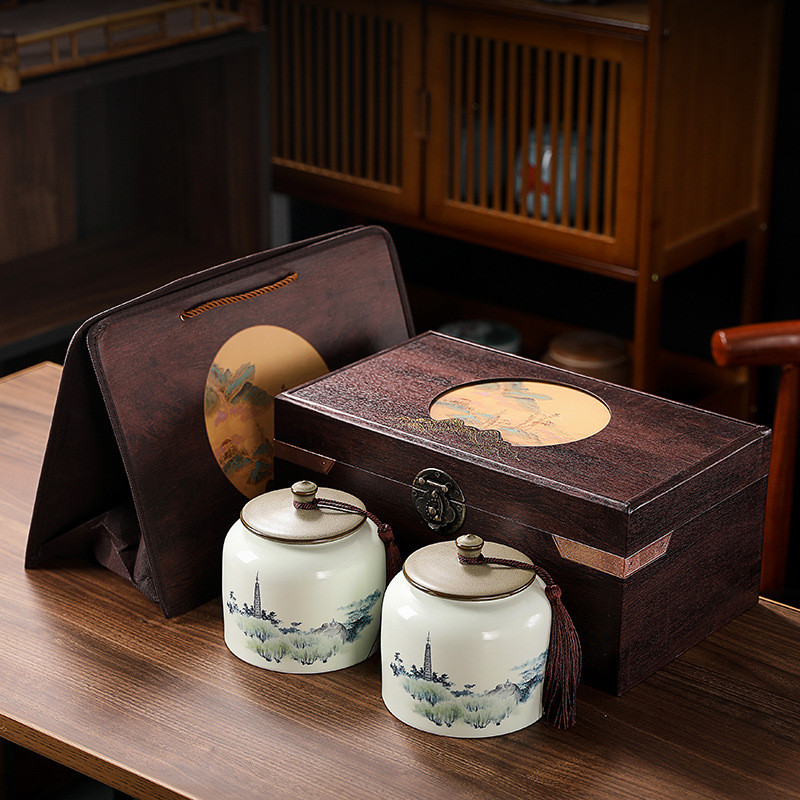 Ceramic Tea Caddy Gift Box High-End Retro Wooden Box Longjing Pu'er ...