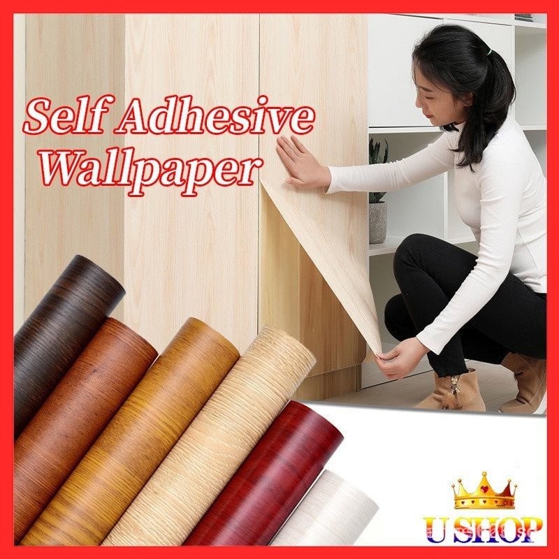 PVC Wallpaper Wood Grain Sticker Desktop Wardrobe Stickers Wooden Door ...