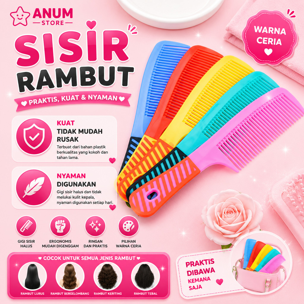 1PCS Sisir Rambut Gagang Plasik Anti Kusut Rontok Motif Garis Alat Kecantikan Make Up Hairs A057