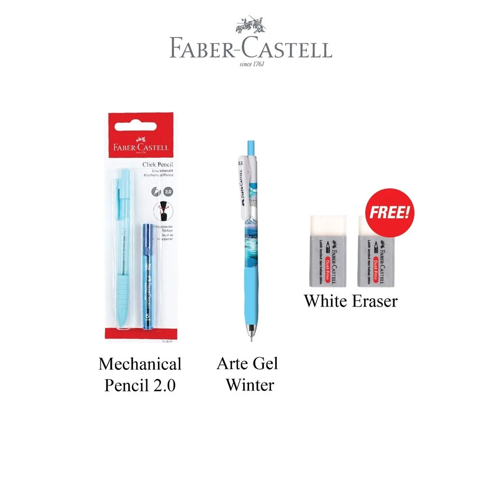 Faber-Castell PULPEN GEL & PENSIL MEKANIK SET 2MM Free 2 PENGHAPUS – Motif Lucu & Premium (Biru)