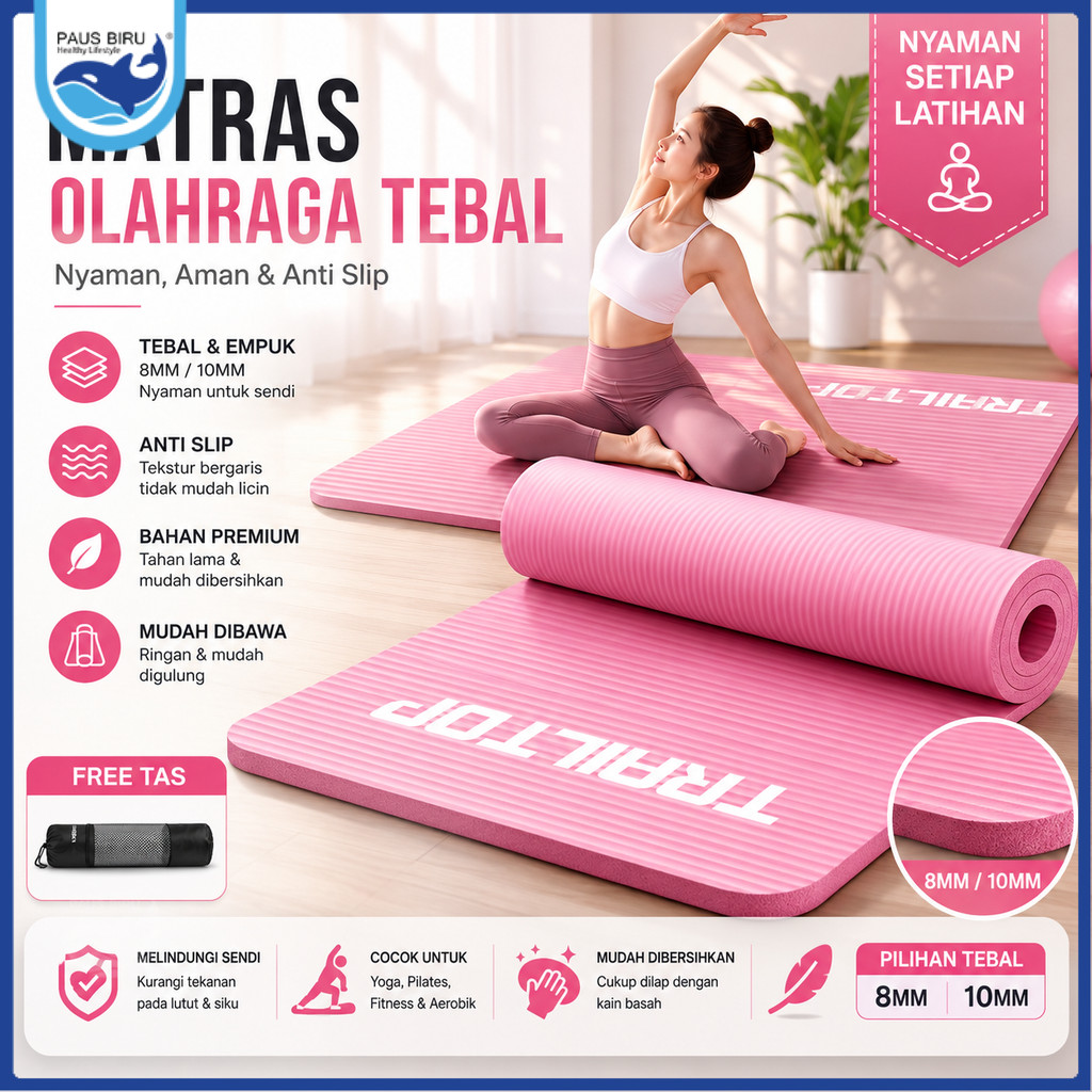 Paus Biru - Yoga Mat NBR Matras Olahraga Tebal 8mm 10mm Anti Slip / Karpet Olahraga Senam Lantai Pilates Gym Fitness Rumah - Matras Yoga NBR Tebal Tidak Licin Awet