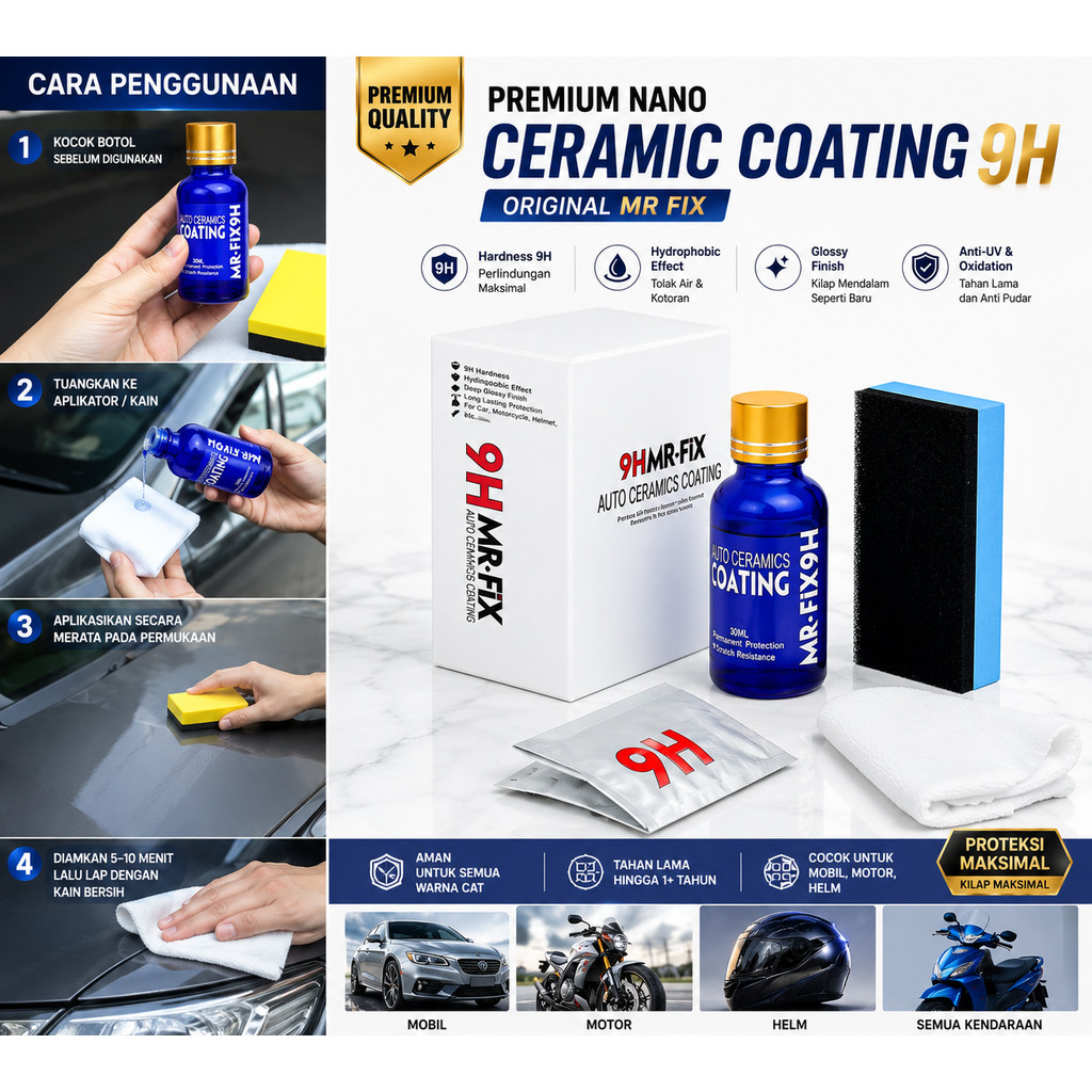 Premium Nano Ceramic Coating 9H Original Mr Fix Cairan Pelindung Cat Mobil Motor Helm MrFix Mr.Fix - Gambar 2