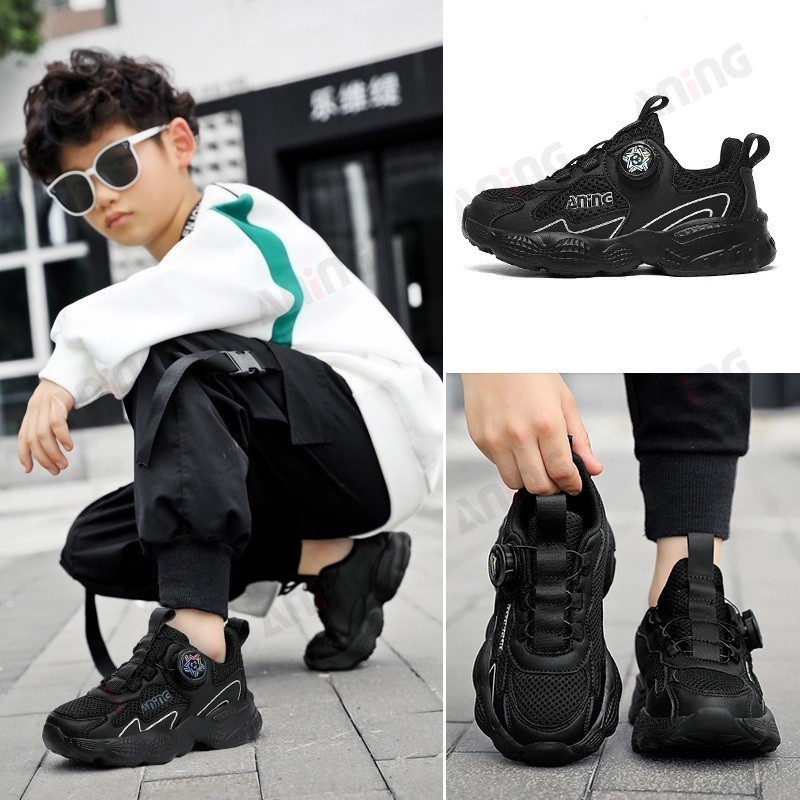 ANING ANINGBOY-Sepatu anak-anak sepatu kets dasi bebas hitam sepatu sekolah yang lembut dan menyerap keringat - Gambar 3