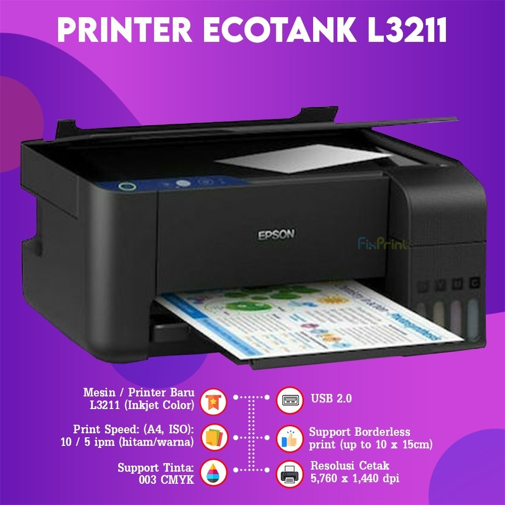 FixPrint Epson Printer L3210 L3211 Hitam AIO Print Warna Infus Modif Inktank Pabrik RESMI / L121 InkTank A4 - Gambar 2
