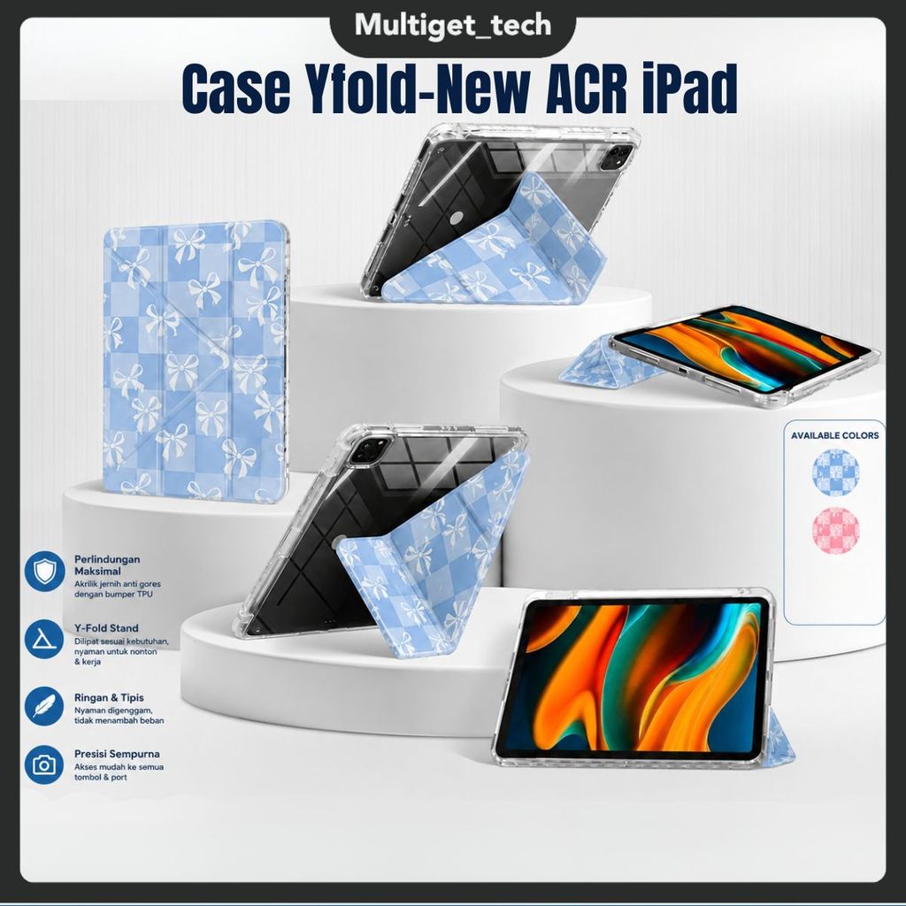 Case Ribbon Pita Cute iPad Air 5 6 Gen 11 A11 Pro Mini 6 7 Casing New Acrylic Yfold Smart Lock Blue Pink Transparan