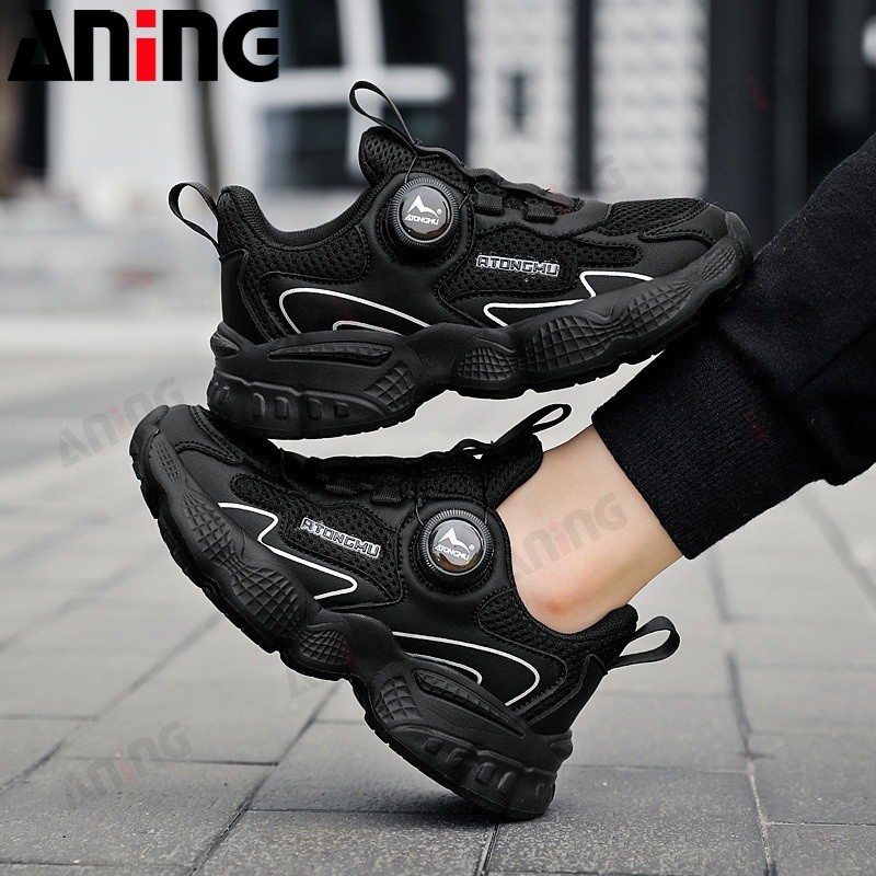 ANING ANINGBOY-Sepatu anak-anak sepatu kets dasi bebas hitam sepatu sekolah yang lembut dan menyerap keringat