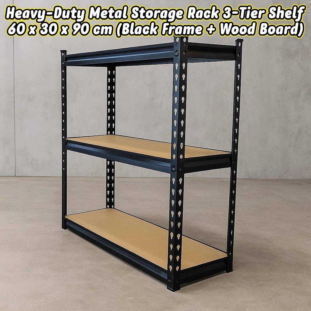 Heavy-Duty Metal Storage Rack 3-Tier Shelf – 60 x 30 x 90 cm (Black ...