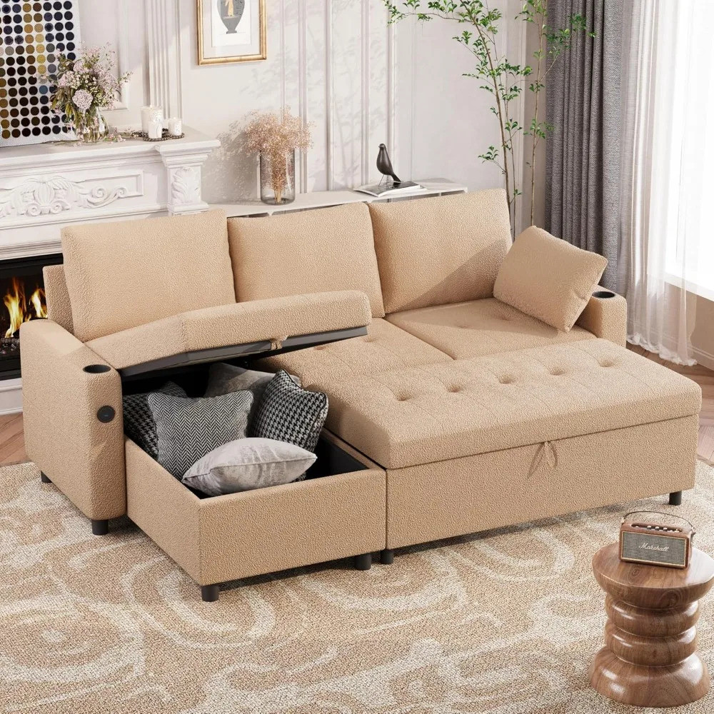 84″ Sleeper Sofa Bed, L Shaped Sectional Convertible Pull Out Couch ...
