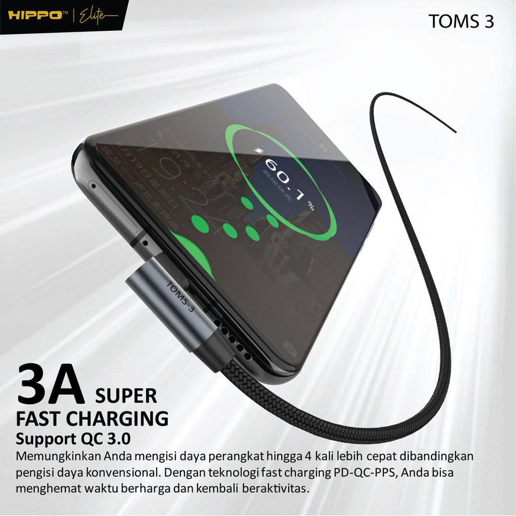 Hippo Kabel Data Toms 3 120CM TYPE C , LIGHTNING, C to C , C to L 3A Quick Charge 3.0 dan 2,4 Fast Charging Android Data Cable - Gambar 3