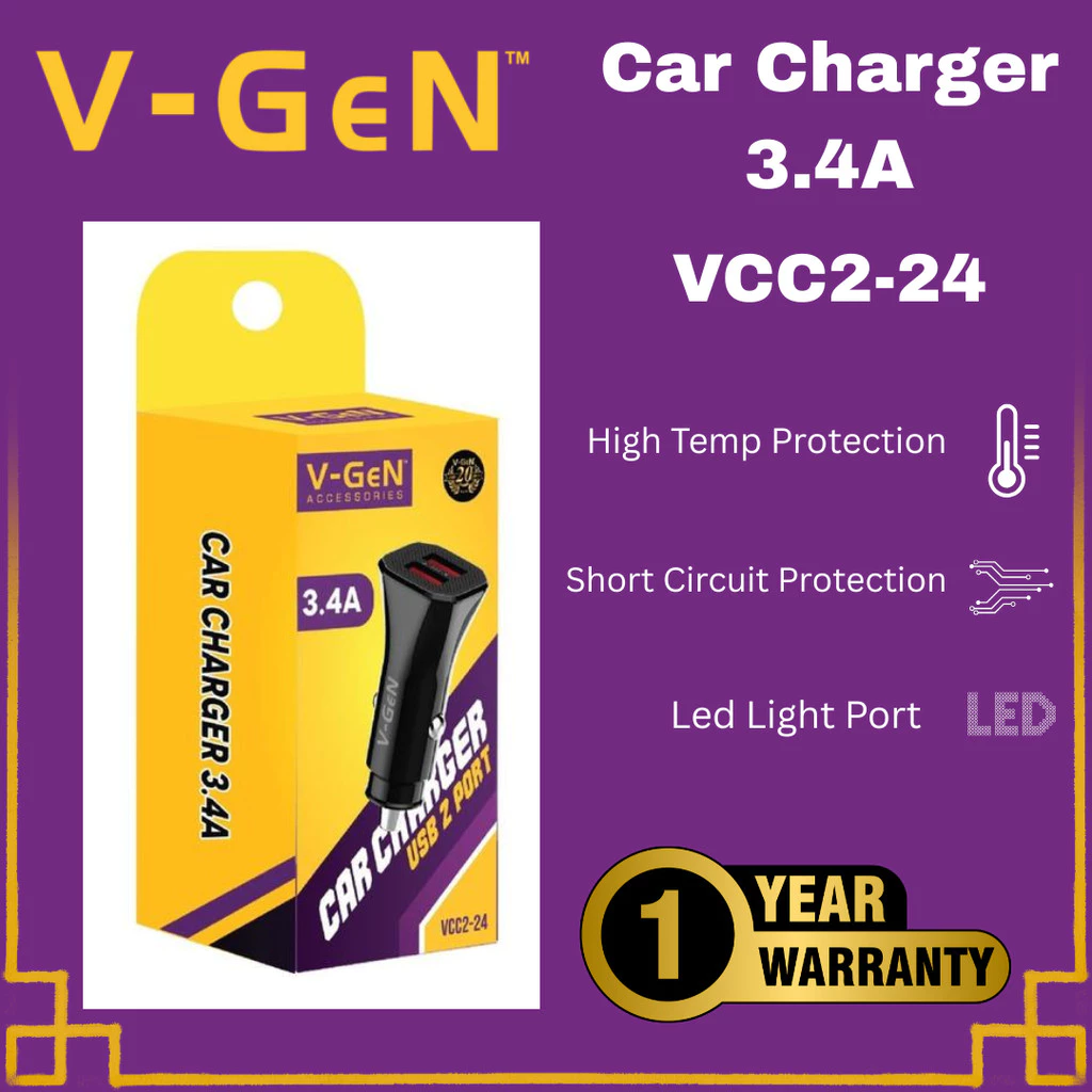 V-GeN VCC2-24 Car Charger Dual Led Port USB 3.4A Charger Mobil