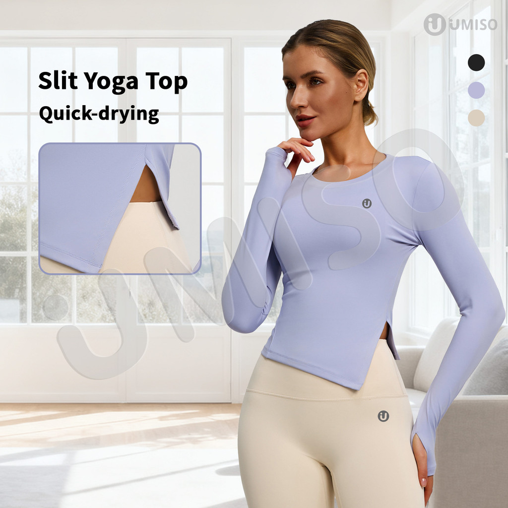 Women's Summer Slit Long Sleeve Tight Yoga Tops Moisture-Absorbent ...