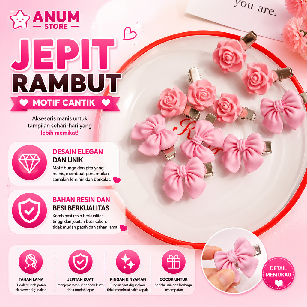 1PCS Jepit Rambut Hair Clip Karakter Motif Lucu Bentuk Mawar Love Pita Aksesoris Jepitan Hair Gaya Korea Pin A219