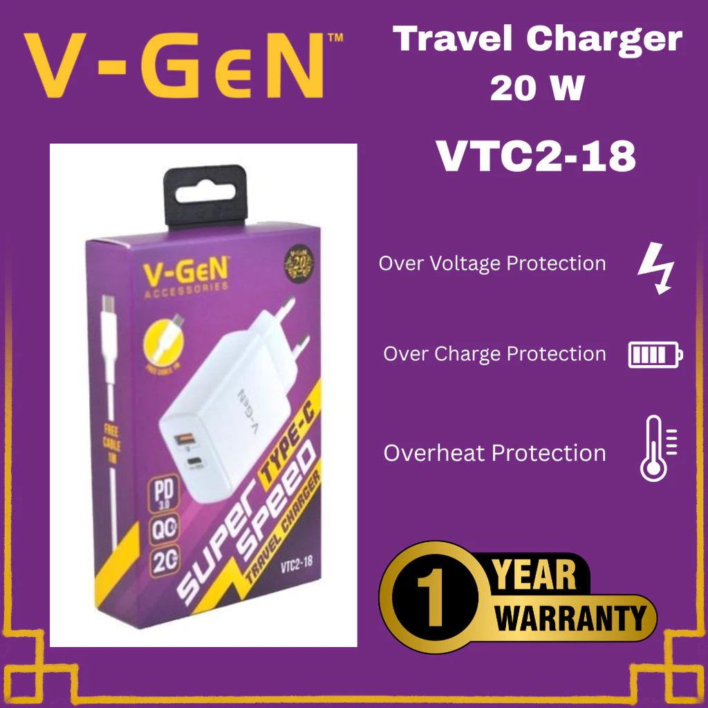 V-GEN VTC2-18 Adaptor Charger Super Speed QC 4.0 PD Type C 20W