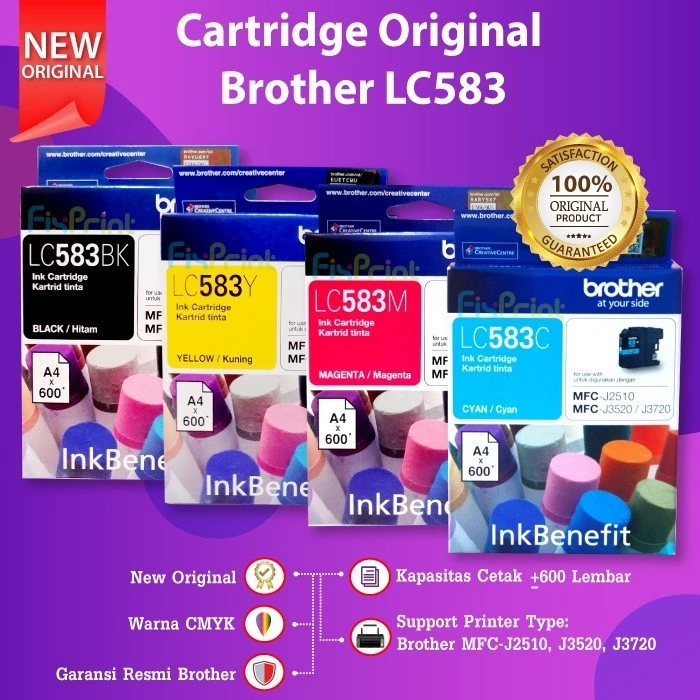 FixPrint Original Brother LC583BK LC583 Black C/M/Y Ink Benefit Cartridge Tinta Printer J2510 J3520 J3720 Balck Color Cyan Magenta Yellow Hitam Merah Biru Kuning
