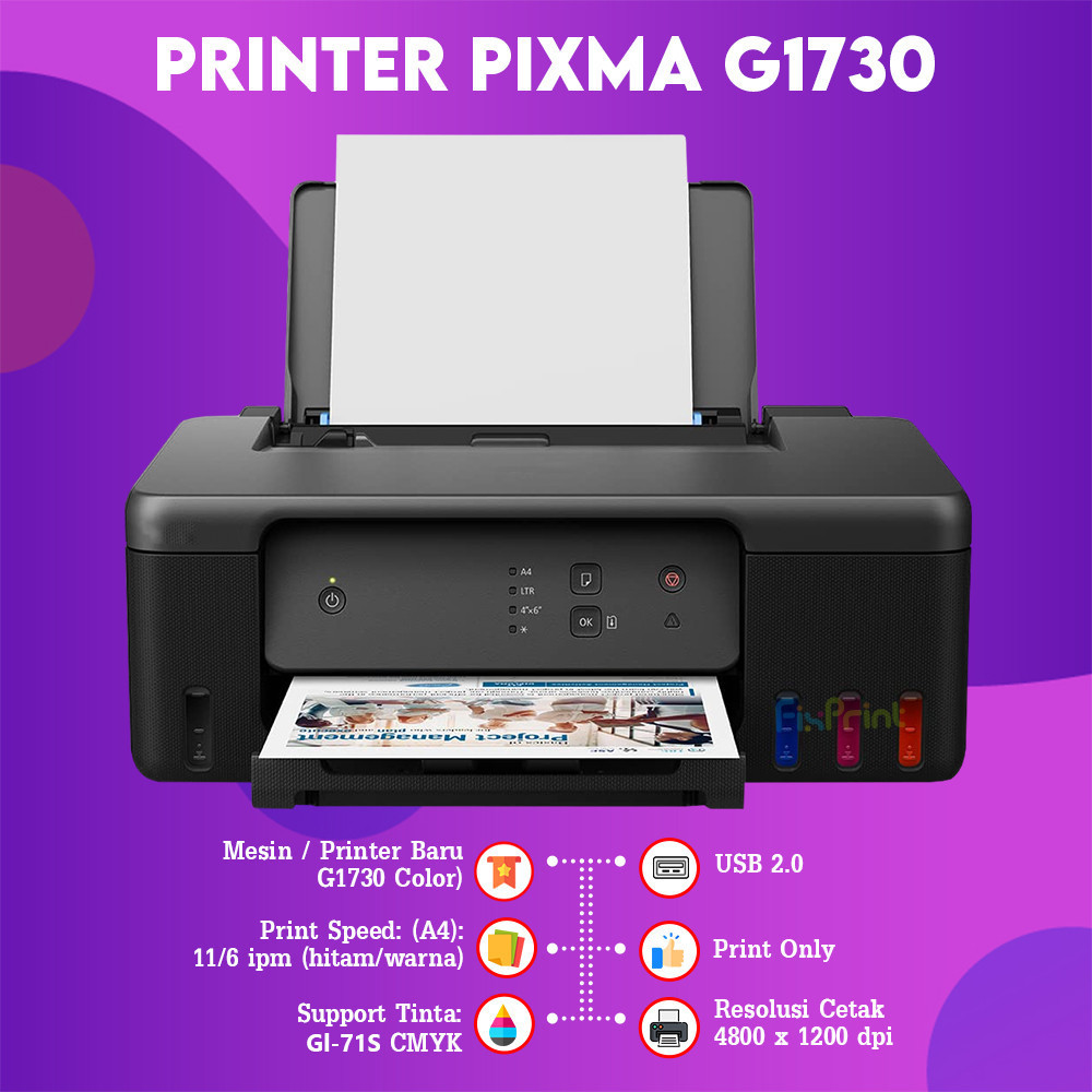 FixPrint Printer Canon InkTank G1730 G1010 Single Function Print Only Ink Tank A4 New Original Bergaransi Resmi / E470 Print Scan Copy Wireless