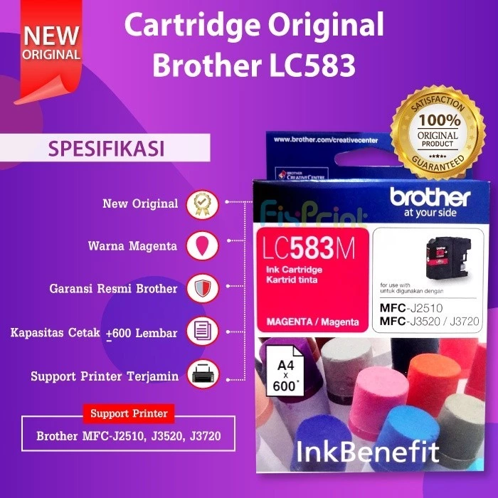FixPrint Original Brother LC583BK LC583 Black C/M/Y Ink Benefit Cartridge Tinta Printer J2510 J3520 J3720 Balck Color Cyan Magenta Yellow Hitam Merah Biru Kuning - Gambar 4