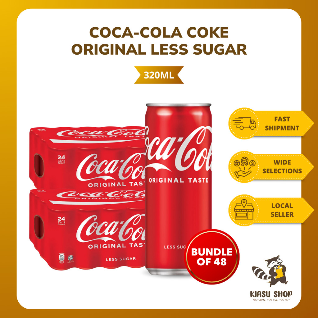 [Bundle of 48] Coca-Cola Coke Original Less Sugar Can Drink 320ml ...