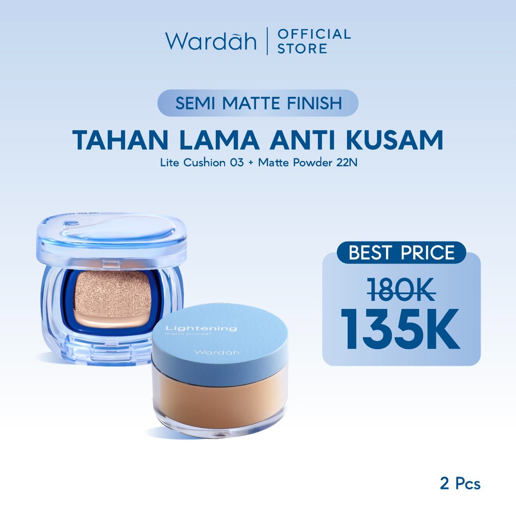 Wardah Lightplus Paket Make Up Flawless Bebas Kilap - Tahan Lama, Anti Kusam, Fresh Look, Fresh Healthy Skin, Satin Finish, Smooth Matte, Meningkatkan Tampilan Soft pada Wajah, Lightening - Lite Skin Filter Cushion 11 g, Lightening Matte Powder - Makeup - Gambar 3