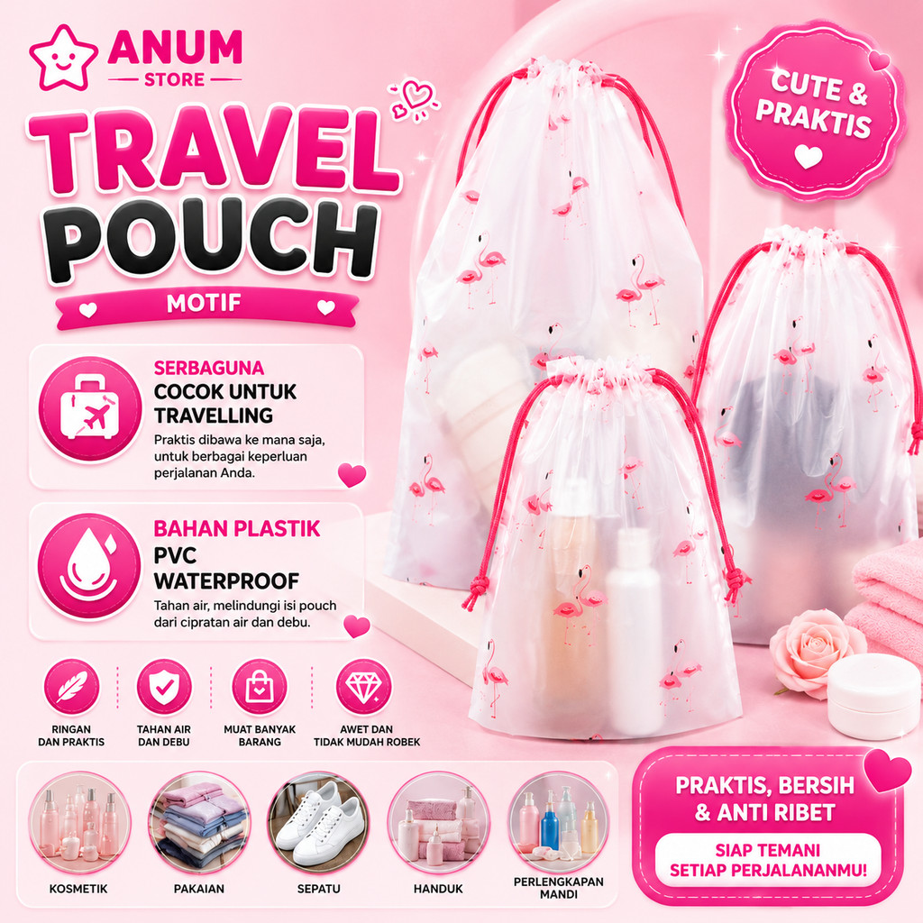 1PCS Travel Pouch Organizer Bag Serbaguna Tas Serut Penyimpanan Kosmetik Alat Mandi Multifungsi Motif Flamingo Lucu A143