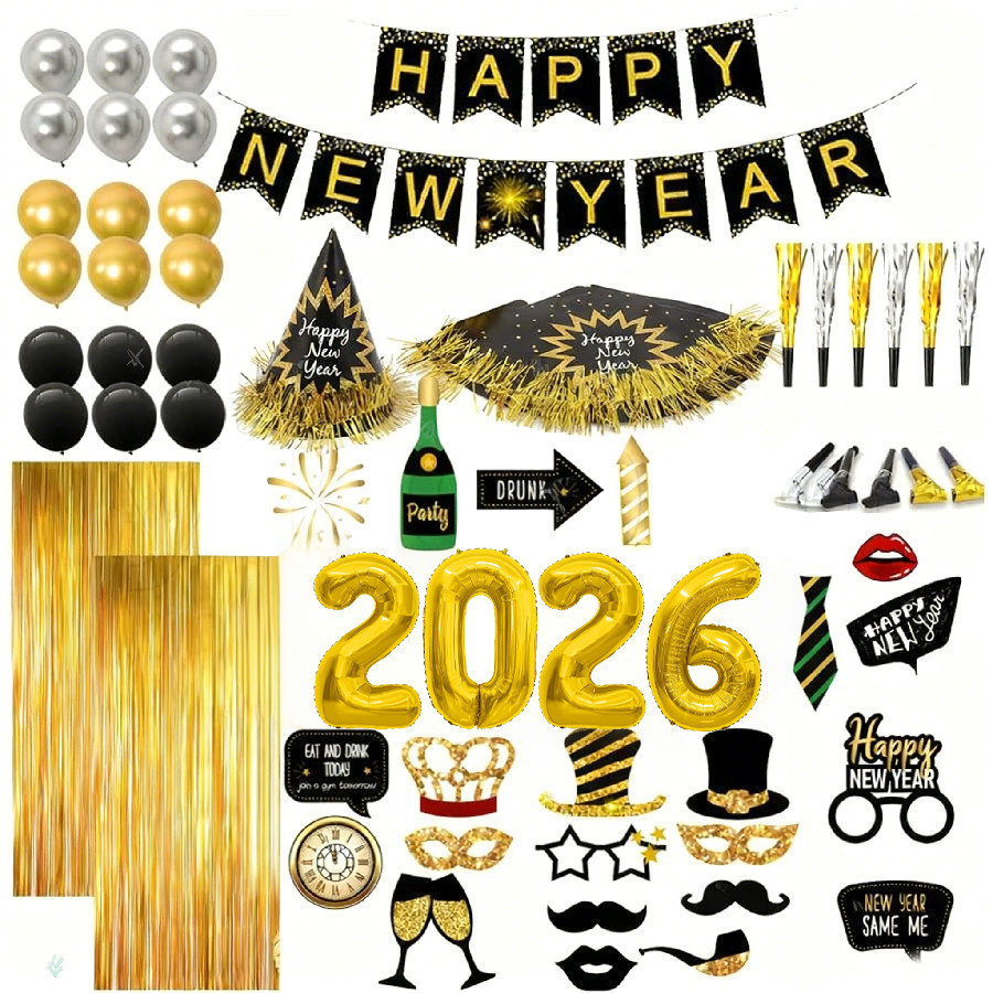 2026 New Years Eve Party Supplies Set Glitter Happy New Year Banner,6 ...