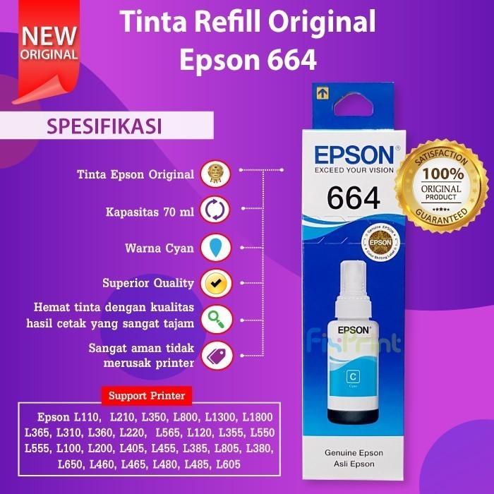 FixPrint PAKET CMYK TINTA 664 T664 EPSON BLACK CYAN MAGENTA YELLOW L121 L120 - Gambar 3