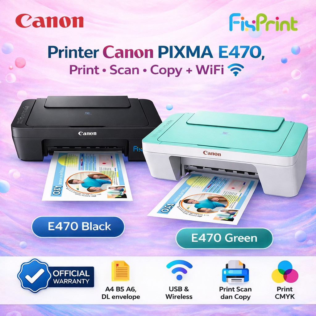 FixPrint Printer Canon PIXMA E470 Green / Black Print Scan Copy + Wireless Garansi Resmi - Pengganti Pengganti E410 MG2570s 2875 2876 2337 2336 2335 2775 2776 - Gambar 2