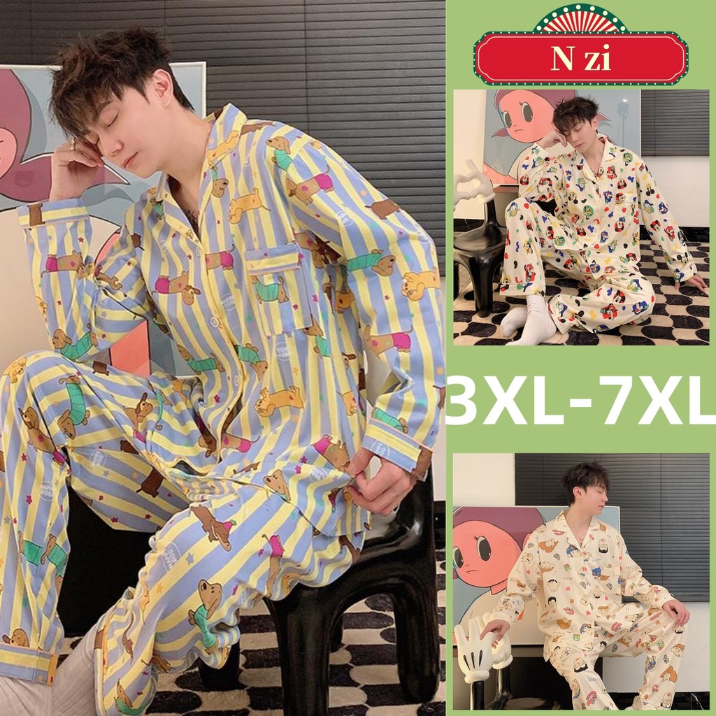 Plus Size Pyjamas Men 3XL-7XL Pajamas set Autumn Winter Long Sleeves  Sleepwear Man Cotton Cartoon Print Home wear Loose Oversized Night wear |  Shopee Singapore