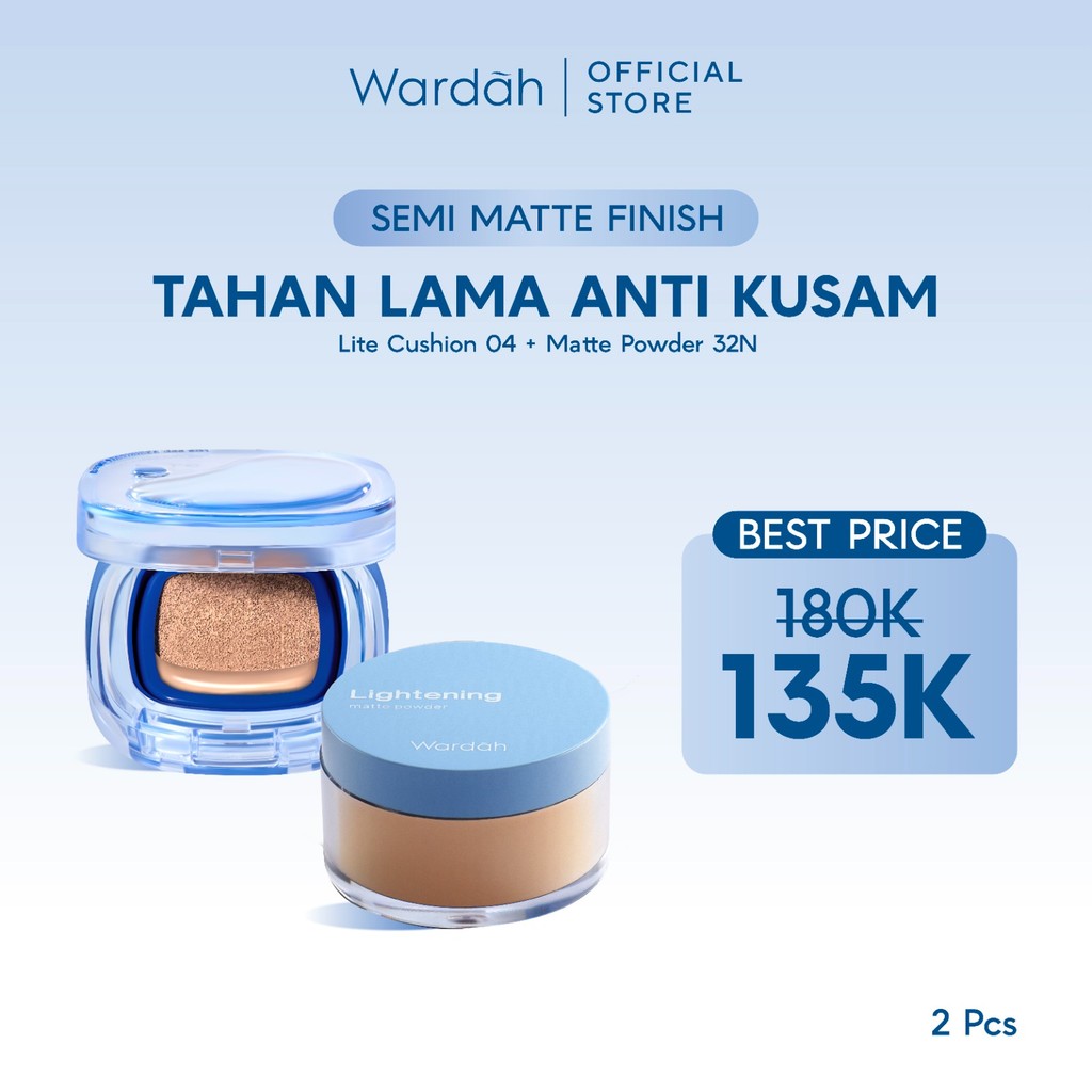 Wardah Lightplus Paket Make Up Flawless Bebas Kilap - Tahan Lama, Anti Kusam, Fresh Look, Fresh Healthy Skin, Satin Finish, Smooth Matte, Meningkatkan Tampilan Soft pada Wajah, Lightening - Lite Skin Filter Cushion 11 g, Lightening Matte Powder - Makeup - Gambar 2