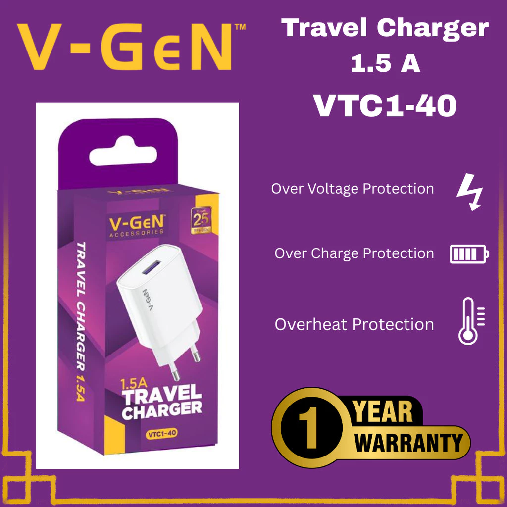 V-GeN VTC1-40 Adaptor Charger 1.5A 1 Port Usb Travel Charger