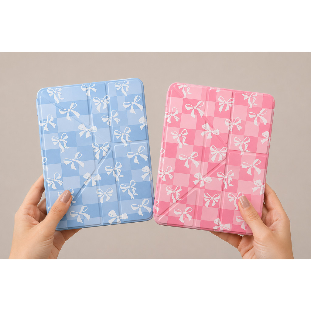 Case Ribbon Pita Cute iPad Air 5 6 Gen 11 A11 Pro Mini 6 7 Casing New Acrylic Yfold Smart Lock Blue Pink Transparan - Gambar 2