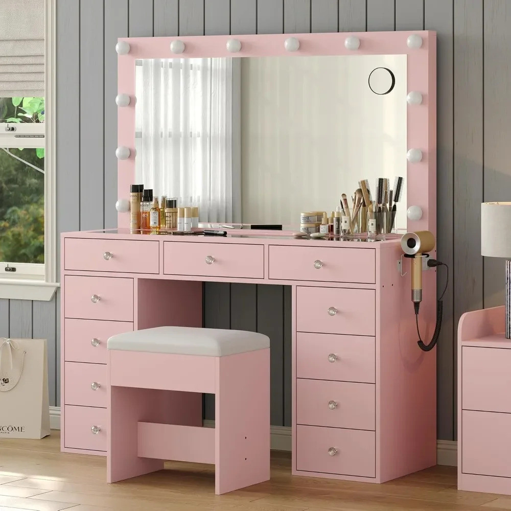 11 Drawer Dressing Table, Power Socket, Glass Top, Mirror And Light, 3 ...