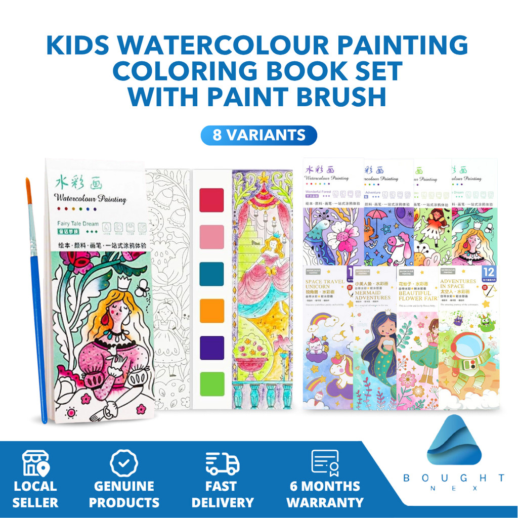 Kids Watercolour Painting Coloring Book Set With Paint Brush 12 Sheets ...