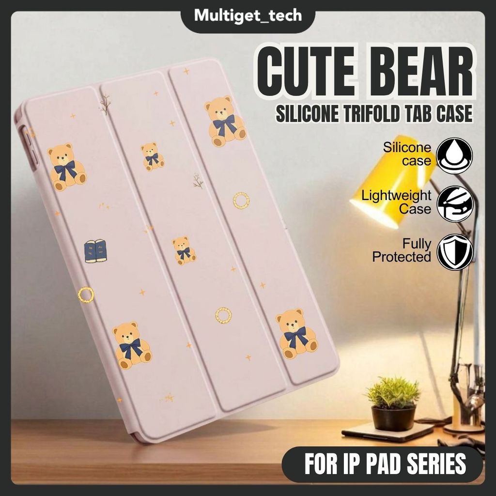 Case iPad Cute Bear Gen 11 Air 4 5 6 Mini 1 2 3 4 5 Pro 11" Trifold Soft Silicone Anti Shock Stylish & Full Cover Protection