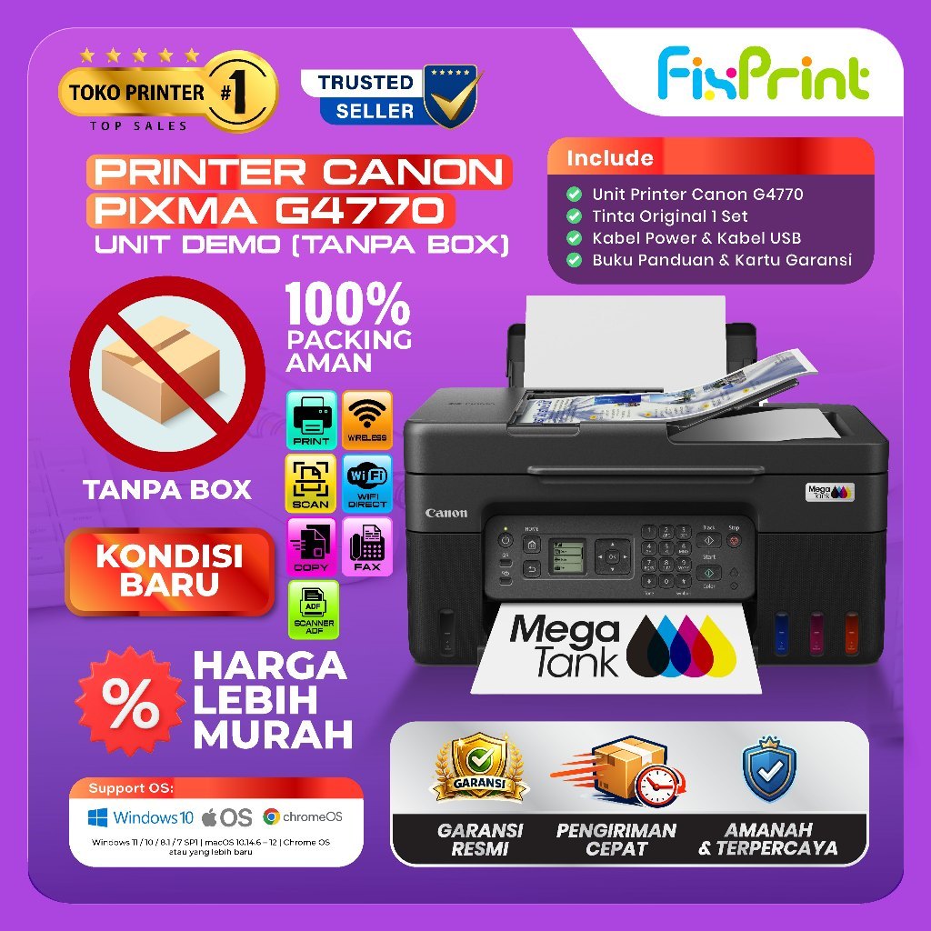 FixPrint Printer Canon PIXMA G4770 F4 Print Scan Copy WiFi Fax with ADF (TANPA DUS BAWAAN) Garansi Resmi dan Kelengkapan Lengkap Original