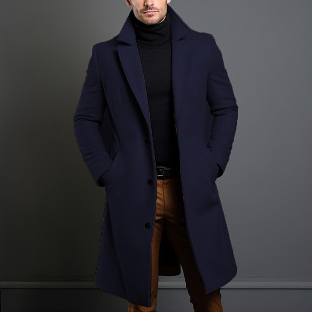 Men Elegant Long Trench Overcoat Classic Lapel Overcoat Business ...