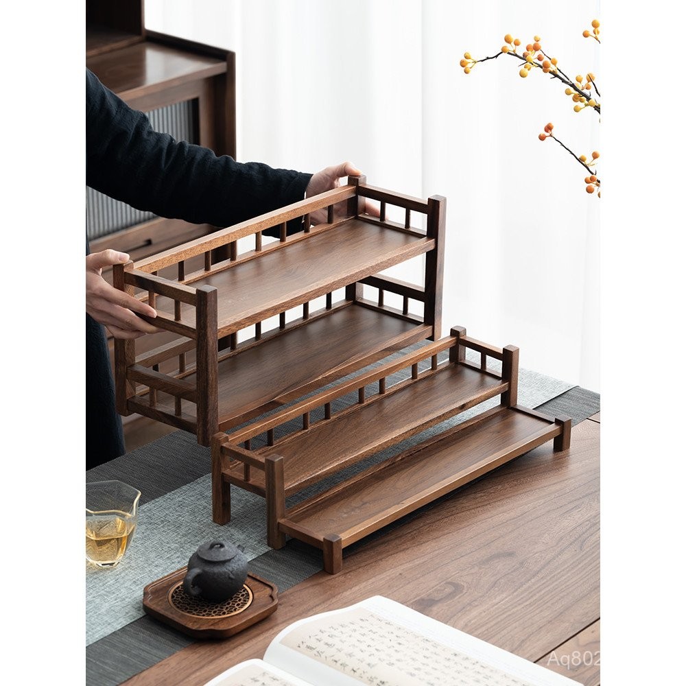 Storage Rack for Teapots and Teacups, Curio Rack, Walnut Wood Tea Set ...