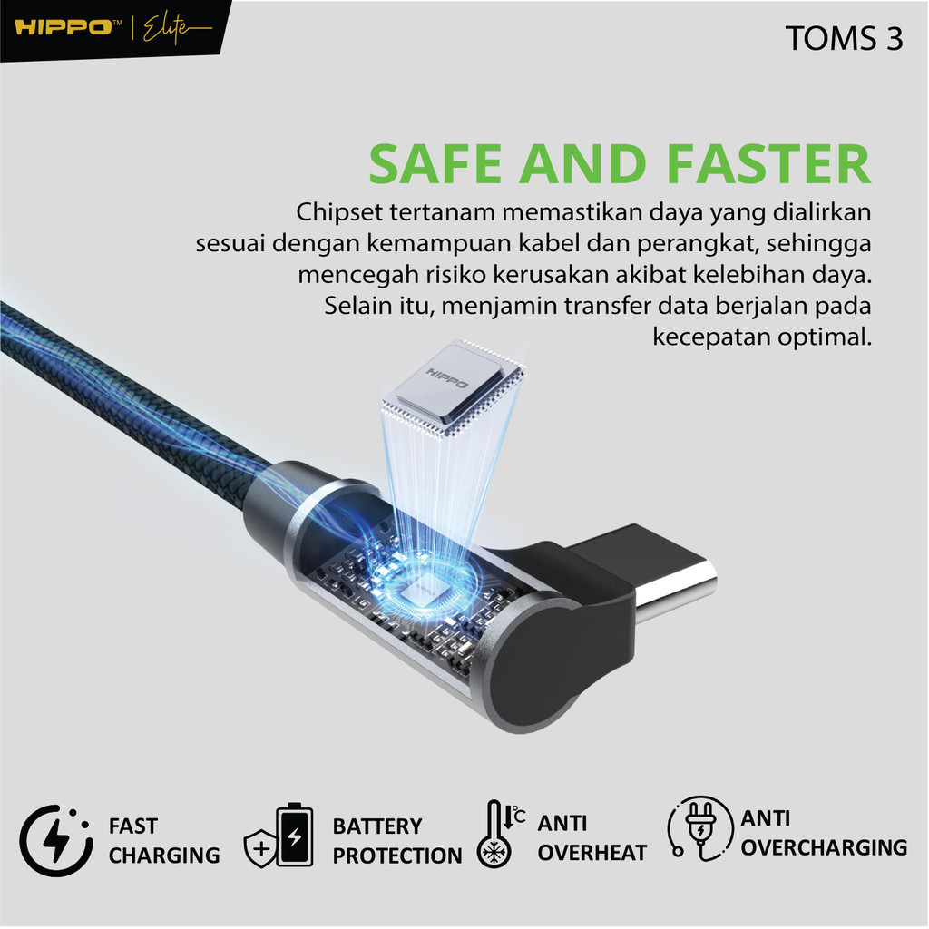Hippo Kabel Data Toms 3 120CM TYPE C , LIGHTNING, C to C , C to L 3A Quick Charge 3.0 dan 2,4 Fast Charging Android Data Cable - Gambar 2