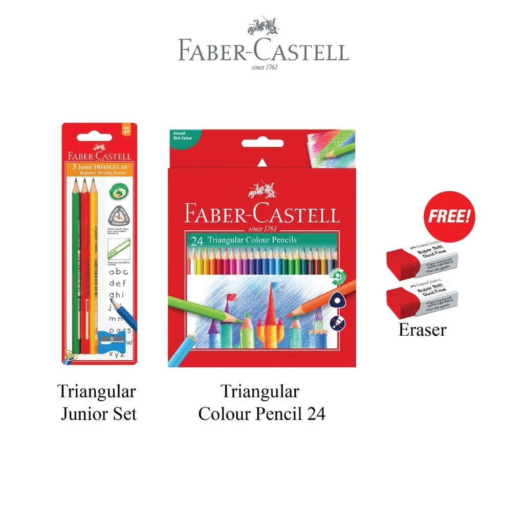 FABER-CASTELL PENSIL TRIANGULAR + PENSIL WARNA 24 PCS – FREE 2 PENGHAPUS