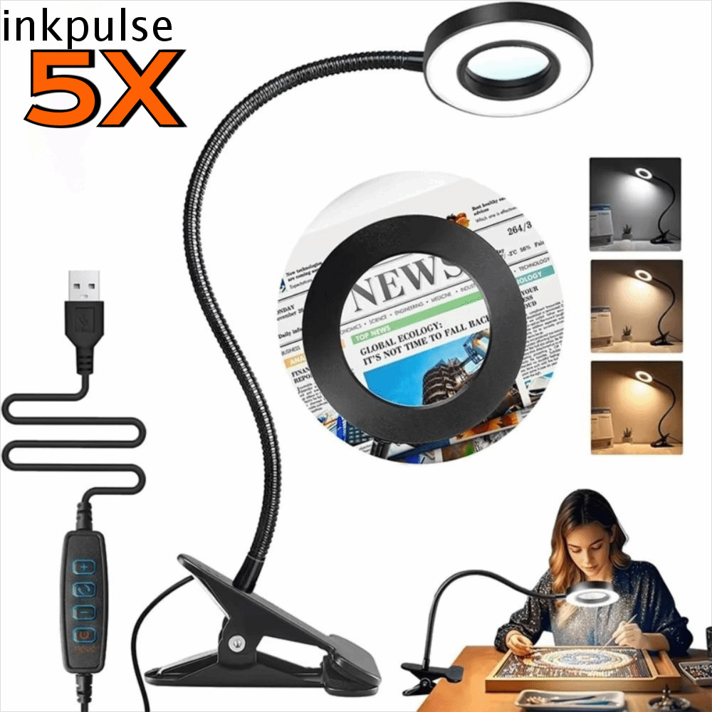 INKPULSE LED Magnifying Glass Lamp, 5X Magnification Adjustable Levels ...
