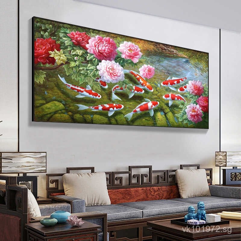 Decorative Painting Nine Fishes Hand-painted New Chinese Style Peony ...