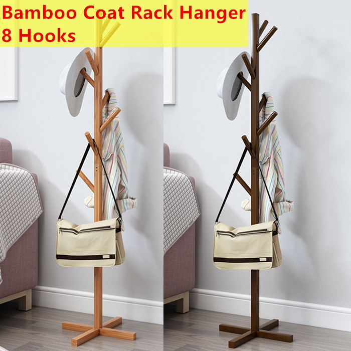 YMJ01 Wooden Bamboo Coat Rack Stand Clothes Hanger 8 Hooks Bags Hats ...