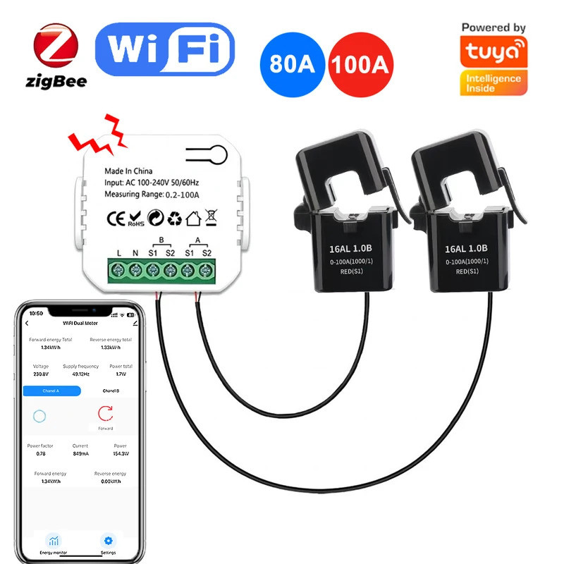 Tuya Smart WiFi Energy Meter – Bidirectional 2-Channel, 80A With Current Transformers, Real-Time Power Monitor & Buzzer Alarm