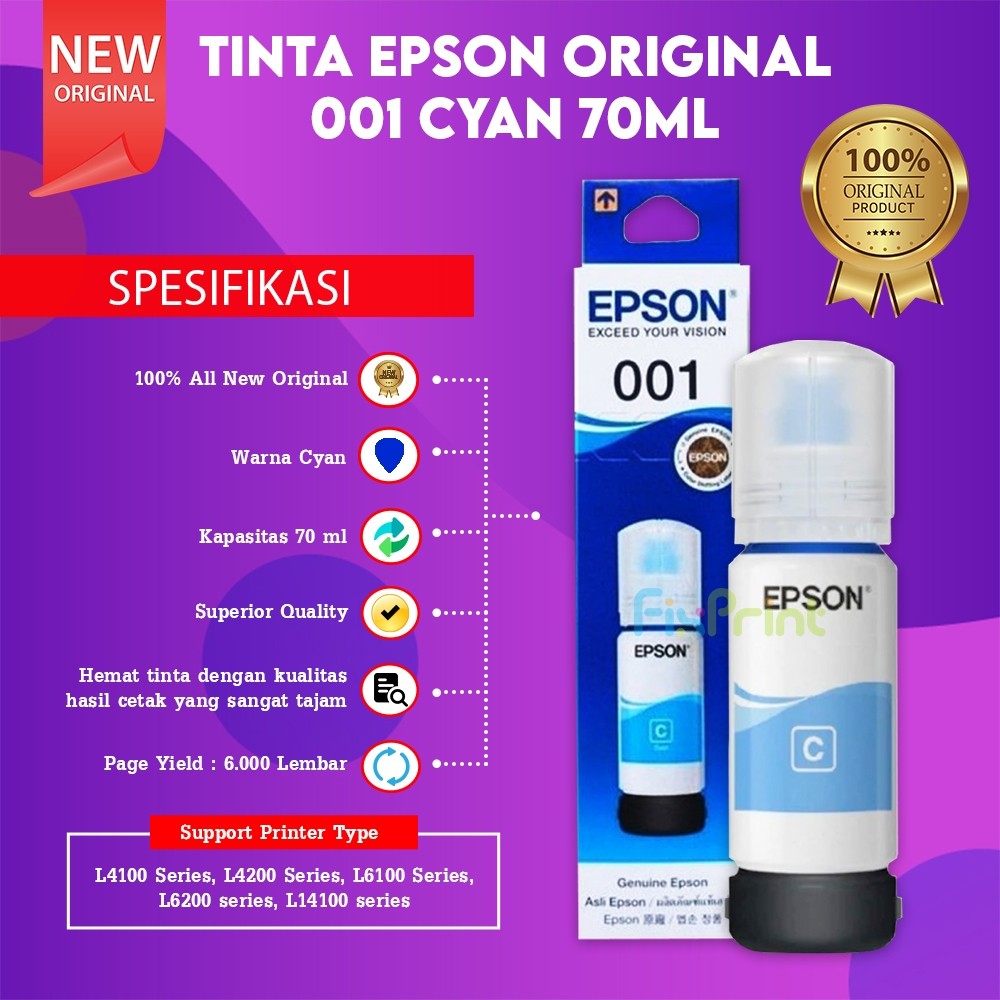 FixPrint Tinta Original 001 CMYK Epson L4156 L4260 L6260 L6270 C13T03Y Ink - Gambar 4