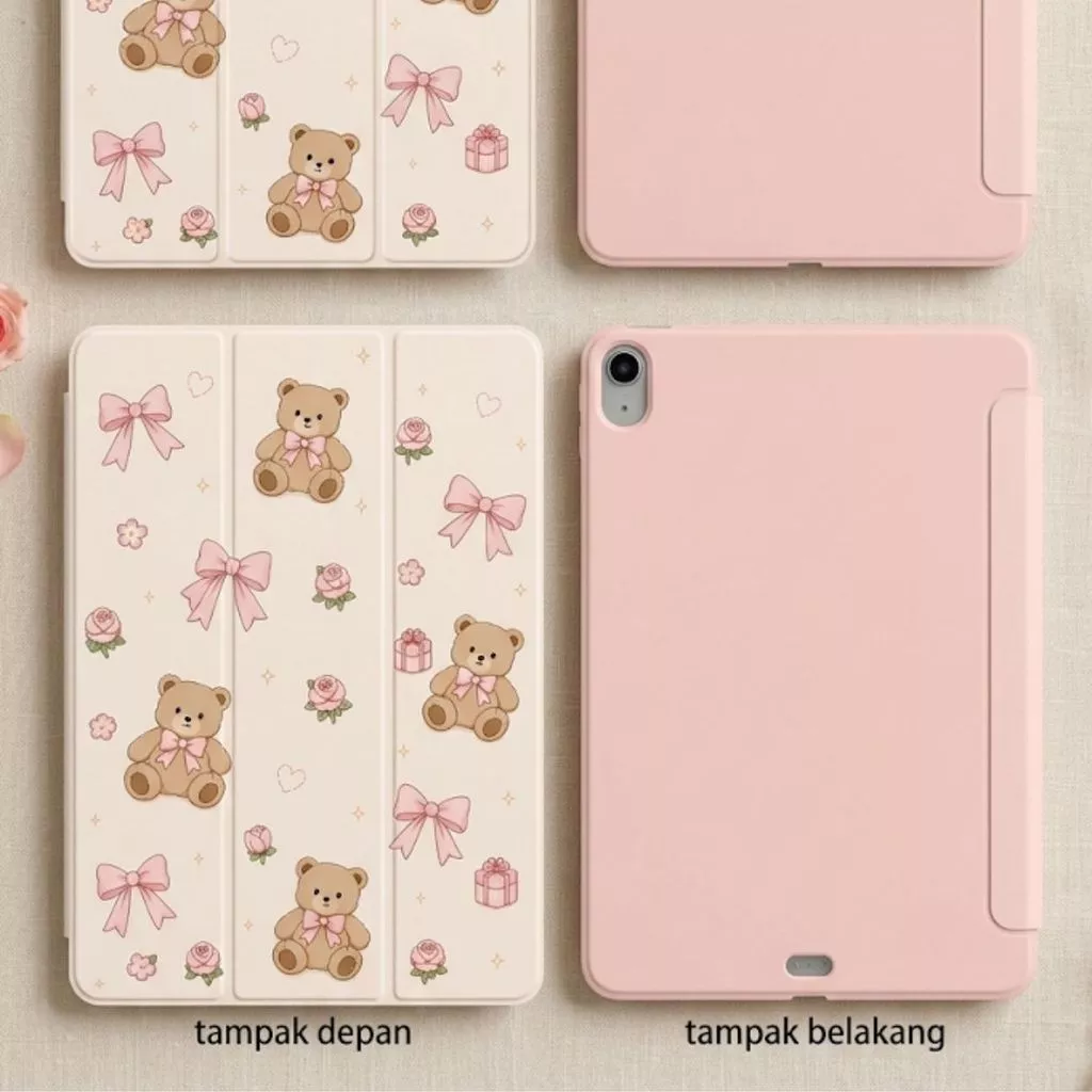 Case Bear Ribbon Silicone Matte Samsung Tab A11+ A9+/A9/A11/A7 S6Lite/A8 /S9 S9 FE Casing Dog Strawberry Cute Flip Magnetic - Gambar 3